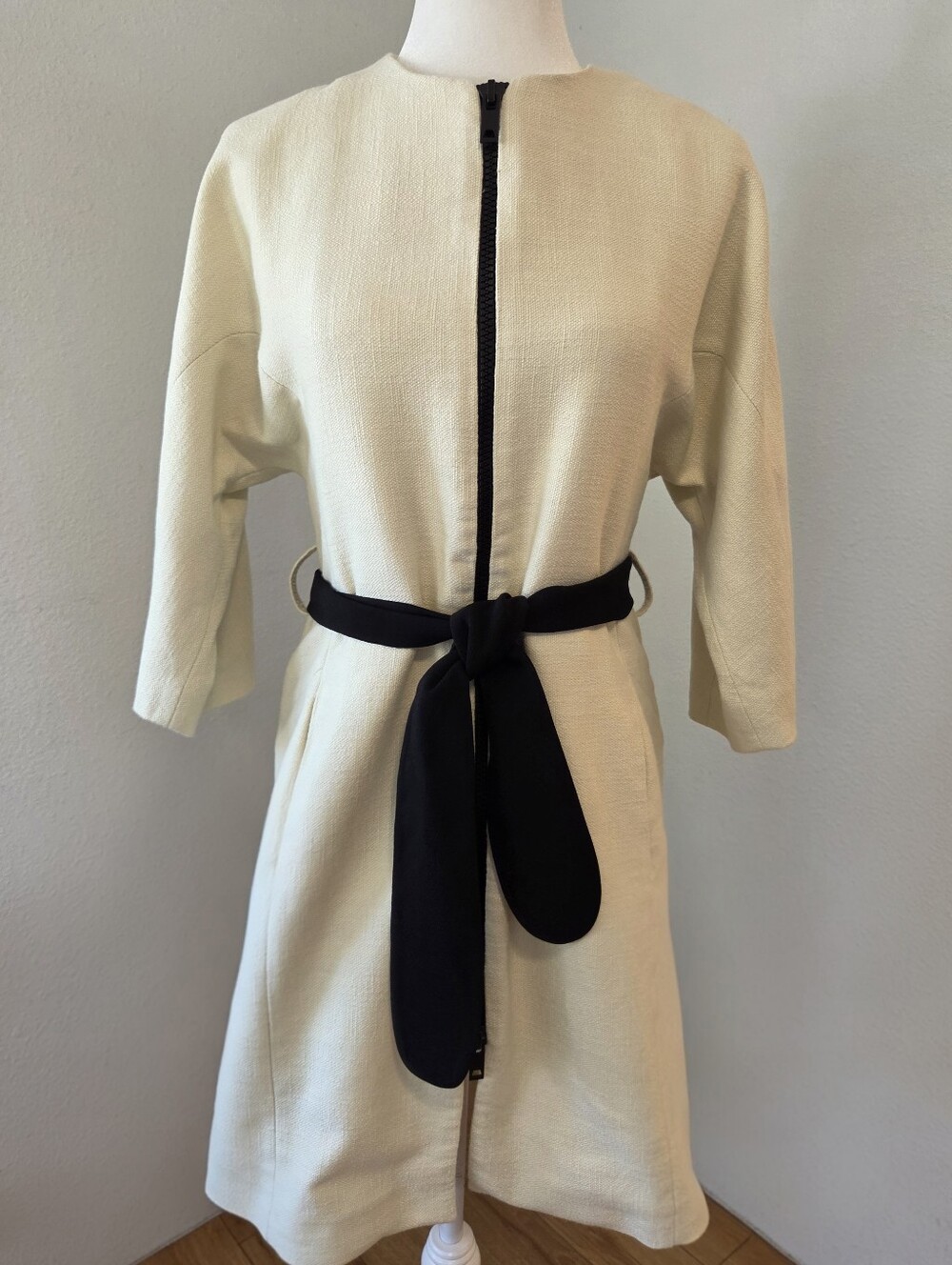 ZARA Ecru Kimono Sleeve with Black Belted Coat Women's XSmall